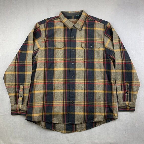 Orvis Mens Shirt Jacket 2XL Brown Black Plaid Flannel Button Up Heavyweight - Picture 1 of 10